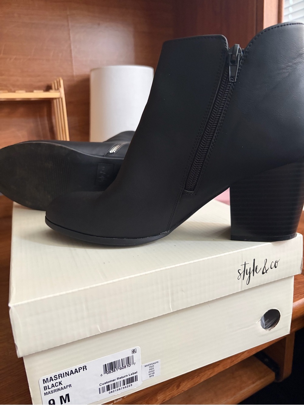 Style & Co. Black Side-Zip Ankle Booties with Stacked Heel